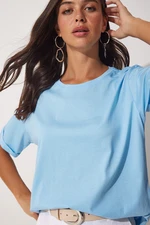 Happiness İstanbul Women's Sky Blue Crew Neck Cotton Loose Knitted T-Shirt