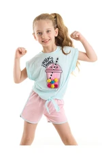 Denokids Sweet Milkshake Girl Child Crop Top Blue T-Shirt Pink Shorts Set
