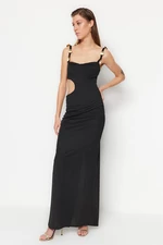 Trendyol Black Lined Long Evening Evening Dress With Woven Accessory Window/Cut Out Detail