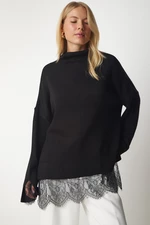 Boldogság İstanbul női fekete csipke részlet kötöttáru pulóver