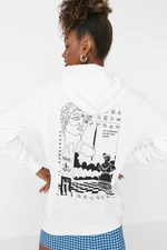 Trendyol White Printed Oversized Hoodie, Thin Knitted Sweatshirt