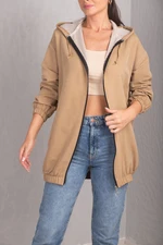 armonika Women's Camel Zippered Hooded Trench Coat