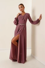 By Saygı Lilac Chiffon Long Dress with Flounce Balloon Sleeves and Belt By Saygı Lilac Chiffon Long Dress with Flounce Balloon Sleeves and Belt