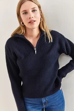 Bianco Lucci Women's Zippered Turtleneck Oversized Knitwear Sweater