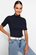 Trendyol Navy Blue Standing Collar Fitted/Simple Short Sleeve Flexible Ribbed Knitted Blouse