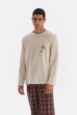 Dagi Ecru Crew Neck Long Sleeved Print Detailed T-Shirt.