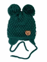 Zimní pletená čepice Teddy Bear na zavazování, zelená, Baby Nellys, vel. 56-68 (0-6 m)