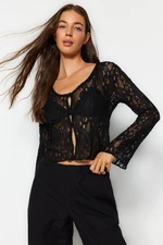 Trendyol Black V-Neck Button Detailed Lace Knitted Blouse