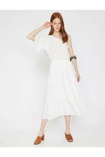 Koton Kobiet White Off The Shoulder Krótki rękaw Midi Waist Tied Dress