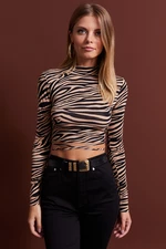 Cool & Sexy Women's Camel-Black Decollete Zebra Patterned Crop Blouse