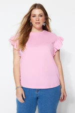 Trendyol Curve Ružové tričko s okrúhlym výstrihom, volánovými rukávmi a pleteným vzorom