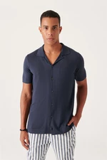 Avva Men's Navy Blue Cuban Collar Buttoned Regular Fit Knitwear T-shirt