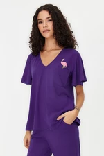 Trendyol Purple Cotton Flamingo Printed Knitted Pajamas Set with Flywheel Detail