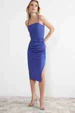 Trendyol Blue Drape Detailed Midi Elegant Evening Dress