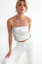Trendyol Gray Leafy/Shiny Strapless Fitted/Sticky Knitted Blouse