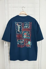 Trendyol Navy Blue Oversize Crew Neck Short Sleeve Back Printed 100% Cotton T-Shirt