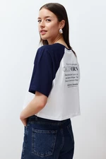 Trendyol White 100% Cotton Color Block Slogan Printed Relaxed Crop Knitted T-Shirt