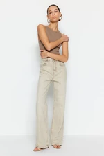 Trendyol béžové bledé efekt vintage normálny pás široké nohavice džínsy