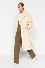 Trendyol Oversized Ecru Oversized Wide-Cut Belted Balloon Sleeve Detail Long Stamped Coat