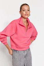 Trendyol Pink Comfort-Cut Crop Basic Zipper Stand-Up Collar Thick Fleece Inside Knitted Sweatshirt