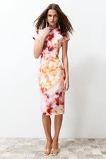 Trendyol Multi Color Printed Fitted/Sleeping Short Sleeve High Neck Flexible Knitted Midi Dress