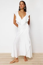 Trendyol svadobné ecru maxi plážové šaty s tkanou mašľou