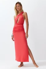 Trendyol Red Fitted Maxi Knitted Cut Out/Window One-Shoulder Beach Dress