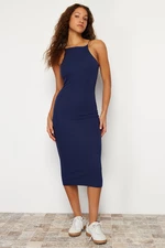 Trendyol Navy Blue Fitted Barter Neck Ribbed Flexible Knitted Midi Dress