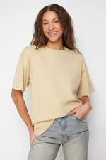 Trendyol Dark Beige 100% Cotton Oversize/Wide Fit Crew Neck Knitted T-Shirt