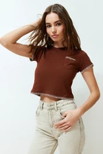 Trendyol Brown 100% Cotton Stitching Detailed Regular/Normal Pattern Crop Knitted T-Shirt