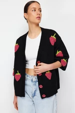 Trendyol Black Soft Textured Strawberry Embroidered Knitwear Cardigan