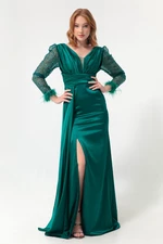 Lafaba Dámské smaragdově zelené rukávy s výstřihem do V Stoned Štěrbina Dlouhé večerní šaty