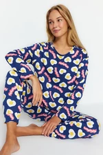 Trendyol Navy Blue 100% pamut reggeli mintás pólónadrág és kötött pizsama szett Trendyol Navy Blue 100% pamut reggeli mintás pólónadrág és kötött pizsama szett