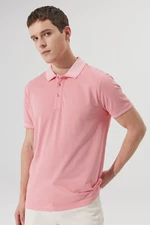 AC&Co / Altınyıldız Classics Men's Anti-shrink Cotton Fabric Slim Fit Slim Fit Pink-White Anti-roll Polo Neck T-Shirt.