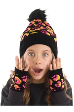 Mushi Pink Leopard Girl Knitwear Beanie Fingerless Gloves Set