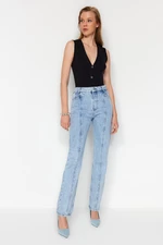 Trendyol Blue Stitching Detail High Waist Long Straight Jeans