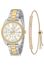 Polo Air Luxury Stone Detailed Women's Wristwatch and Zircon Stone Baguette Bracelet Combination Silver Yellow Color