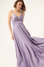 Lafaba Women's Lilac Long Satin Evening Dress &; Prom Dress with Thread Straps and Waist Belt