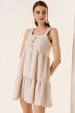 By Saygı Thick Straps and Lined Striped Frilled Dress Beige