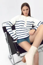 Lafaba Women's Navy Blue Striped Gold Button Detailed Knitwear Sweater