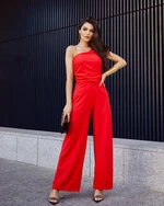 Elegant one-shoulder overall with wide red legs