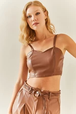 XHAN Brown Heart Collar Leather Crop Blouse