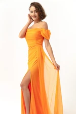 Lafaba Women's Orange Boat Collar Draped Long Glittery Evening Dress with a Slit.