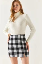 armonika Women's Checker Pattern Stitched Slit Mini Skirt