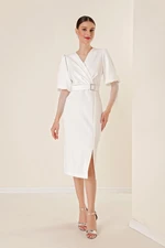 By Saygı Double-breasted Collar Waist With Buckle Fishnet Beads Detailed Balloon Sleeves Wide Body Range Dress Ecru.