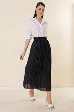 By Saygı Elastic Waist and Lined Slim Satin Striped Skirt, Navy Blue.