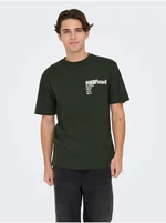 Men's Dark Green Short Sleeve T-Shirt ONLY & SONS Pink Fl - Men