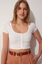 Happiness İstanbul Women's White U Neck Openwork Crop Knitted Blouse