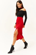 Olalook Women's Red Slit Draped Detail Zippered Midi Sandy Skirt