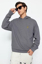 Trendyol Gray Men's Oversize Hoodie with Animal Embroidery Textured Sweatshirt.